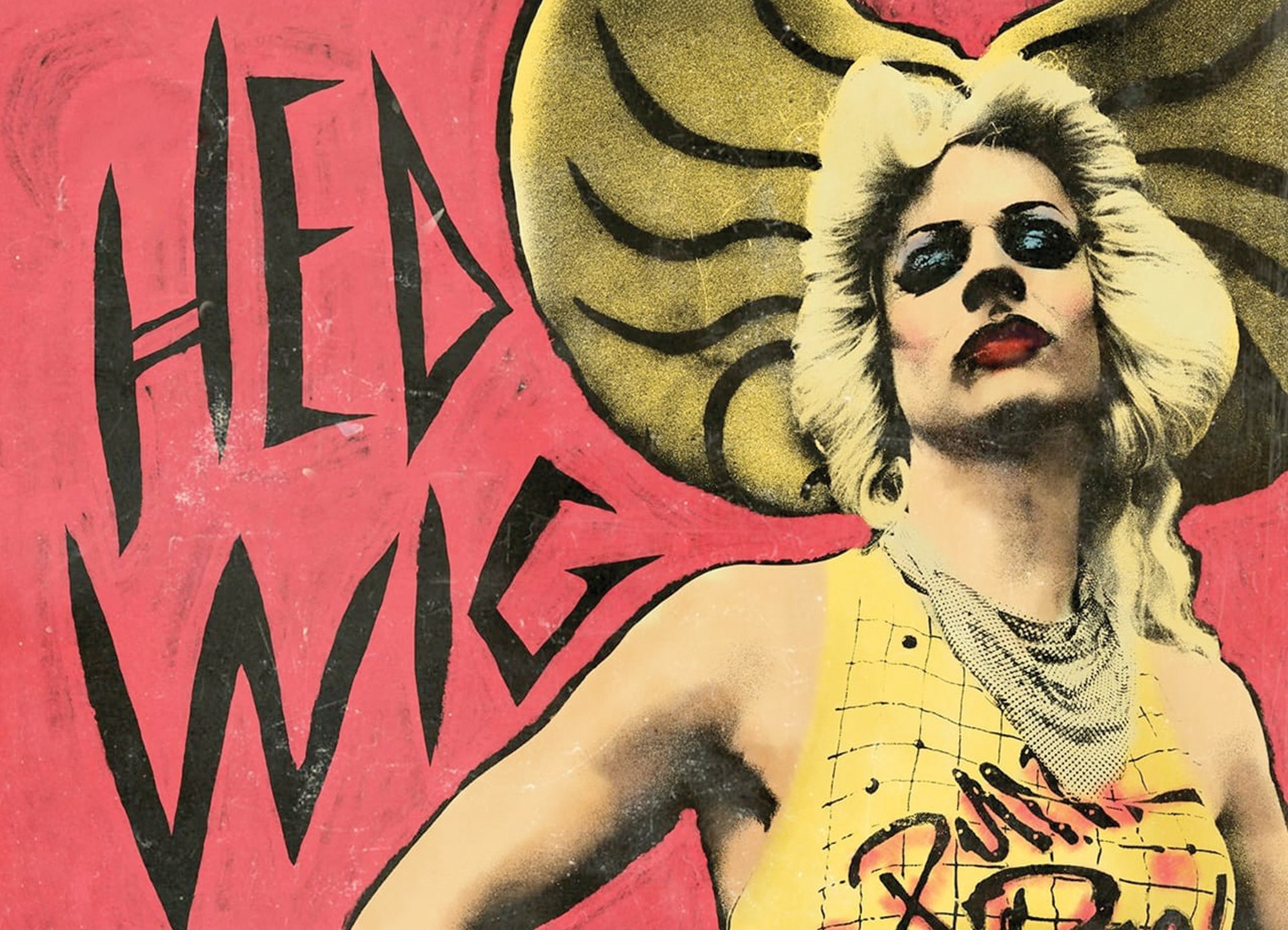 Promotional image for the film Hedwig and the Angry Inch. A posterized and highly stylized image of Hedwig in front of a red background and next to the name Hedwig in a stylized script.